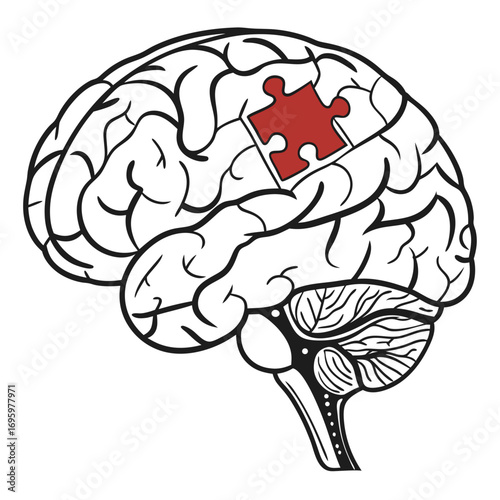 Vector art of brain with puzzle piece, symbolizing problemsolving, cognitive function, memory, and the intricate workings of the human mind