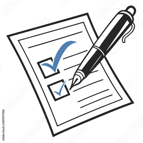 Vector art of checklist form with check marks and pen concept of completing a survey, questionnaire, or checklist with positive responses