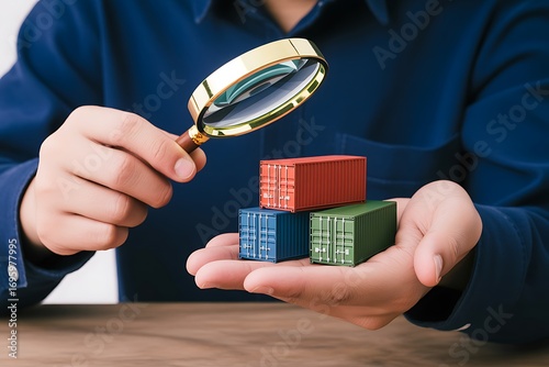 Close-up of hands holding miniature shipping containers, inspected with magnifying glass; serious, business concept.