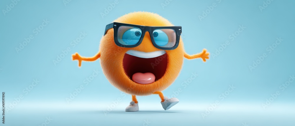 Fototapeta premium Cheerful cartoon character with sunglasses, smiling and dancing, vibrant and playful animated expression on bright blue background
