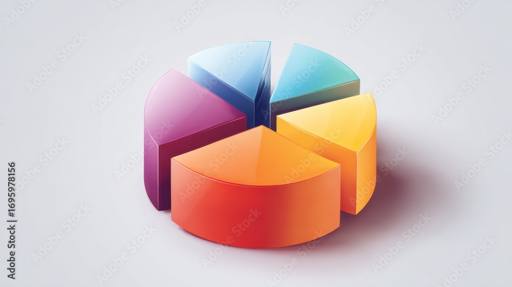 Obraz premium Glossy 3D pie chart segments in orange yellow teal blue and purple against a smooth gradient light gray background