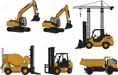 PrintConstruction vehicle silhouette, excavator, tower crane, concrete mixer, forklift, dump truck, heavy equipment, black vector illustration, industrial transport icon
