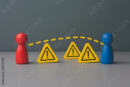 Red and blue figures separated by warning signs; conceptual image of risk, communication breakdown, and conflict resolution.