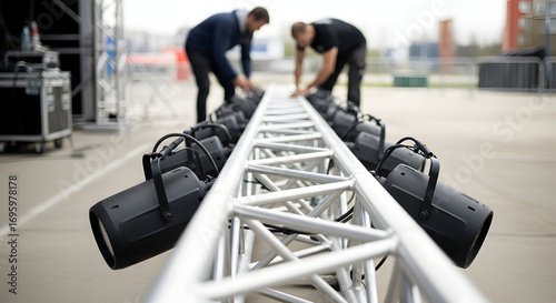 Stage lighting setup preparation concert event crew teamwork professional technicians working outdoor festival lighting equipment installation