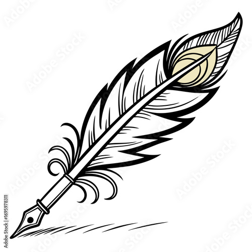 Vector art of elegant quill pen illustration, showcasing intricate details and classic design, perfect for literary or artistic themes