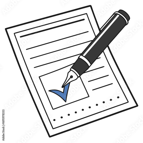 Vector art of form with check mark and pen concept of completing a survey, questionnaire, or checklist with a positive response