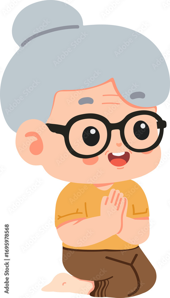 Fototapeta premium Illustration of Grandmother Kneeling with Hands Together flat