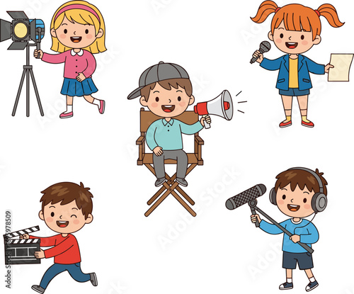 PrintCute Kids Playing Film Crew Roles with Camera, Microphone, Director, Clapperboard, Lights and Script in Cartoon Movie Production Scene