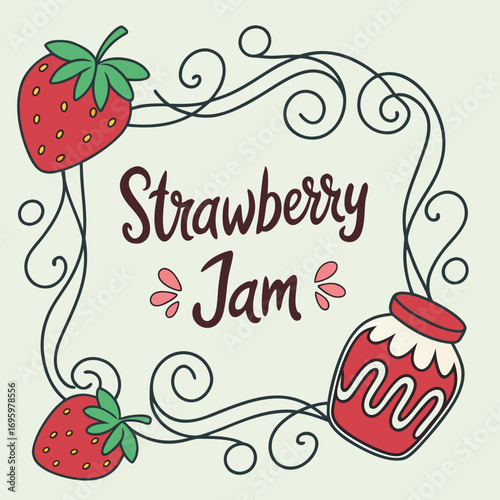 Vector art of hand drawn strawberry jam label cute vector illustration with berries, jar, and floral frame for product packaging design