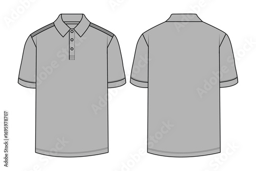 Classic Men's Short-Sleeve Polo Shirt Template. Fashion Flat Sketch of Basic Collared T-Shirt Design. Technical Drawing: Standard Polo Shirt Front and Back View. Simple Short-Sleeve Polo Mockup.