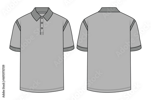 Fashion Flat Sketch of Collared Polo with Contrast Details. Two-Tone Men's Short Sleeve Polo Shirt Template.  Technical Drawing: Short-Sleeve Polo Shirt with Grey Accents. Apparel Vector Art.
