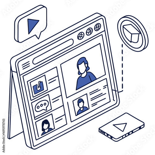 Vector art of isometric illustration of a computer screen displaying online education content, including video lectures and chat features, with a graduation cap icon representing academic achievement