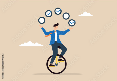 Flat illustration of businessman juggling checkbox while balancing on unicycle symbolizing task management and productivity