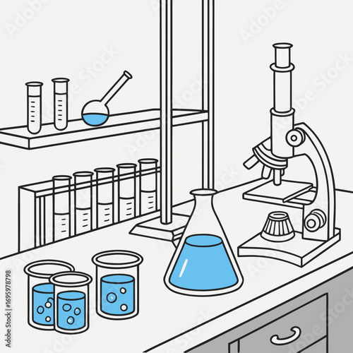 Vector art of isometric illustration of a laboratory with a microscope, test tubes, and flasks, creating a scene of scientific research and experimentation