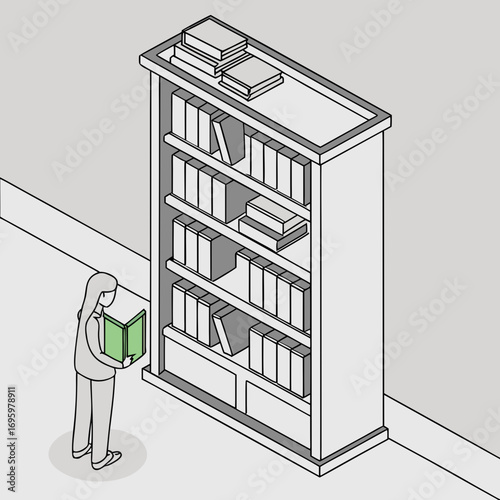 Vector art of isometric illustration of a woman reading a book in front of a bookshelf filled with books, creating a scene of learning and exploration