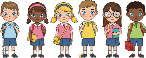 PrintHappy diverse group of cartoon school children standing in uniform with backpacks and books, ready for school or education.