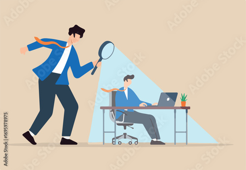 Flat illustration of micromanaging boss toxic manager use magnifying glass to monitoring employee excessively