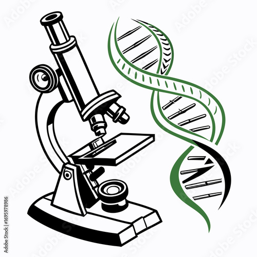 Vector art of microscope and dna strand, symbolizing scientific research, genetic studies, and advancements in biotechnology and medicine
