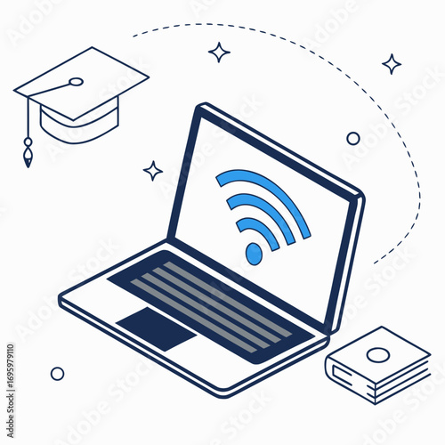 Vector art of online education concept with laptop, graduation cap and book elearning, remote study, webinar, course, tutorial, training