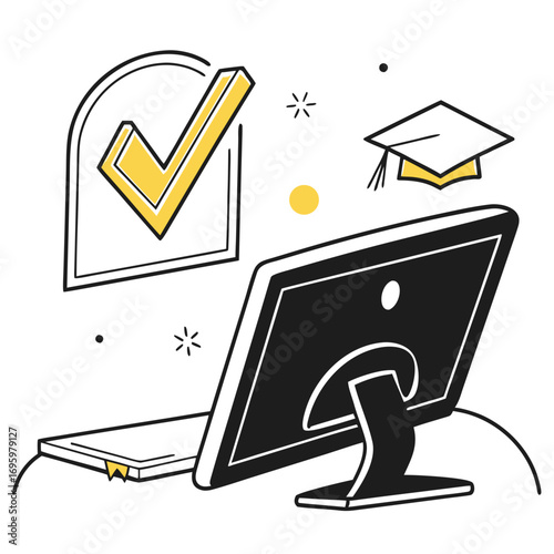 Vector art of online education on computer screen, showing a checkmark and graduation cap, representing successful completion of course