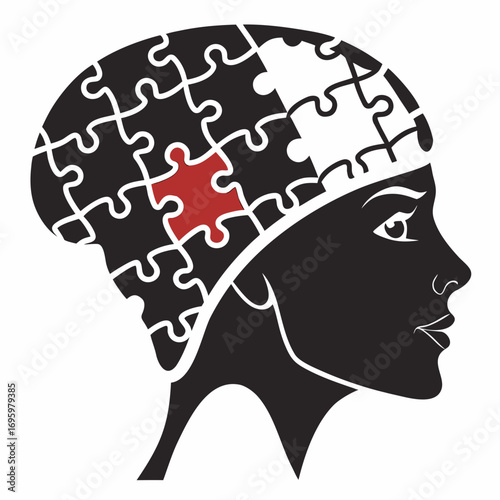 Vector art of silhouette of a womans head filled with puzzle pieces, symbolizing memory loss, dementia, alzheimers disease, or cognitive function