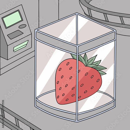 Vector art of strawberry in a glass box on a conveyor belt a hand drawn vector illustration of a strawberry in a glass box in a factory setting