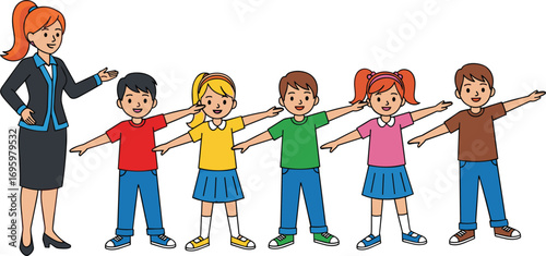 PrintTeacher guiding happy children standing in a row with arms outstretched, colorful cartoon vector illustration, education and learning concept.