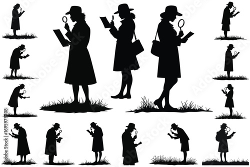 Detective silhouettes examining documents with magnifying glasses