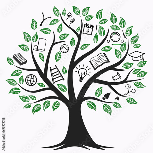 Vector art of tree of knowledge a conceptual illustration representing education, learning, and growth with symbols of wisdom and academia