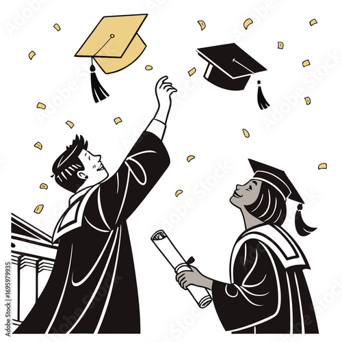 Vector art of two graduates are throwing their graduation caps in the air they are holding their diplomas and celebrating success