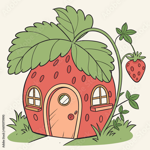 Vector art of whimsical strawberry house illustration on a light background, perfect for childrens books, fairytale themes, and summer designs