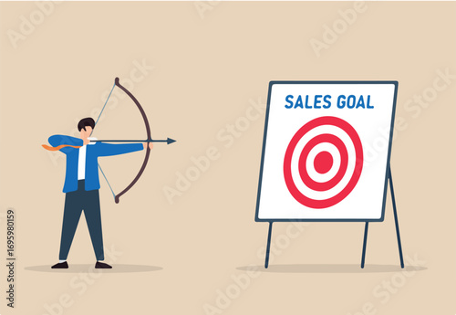 Flat illustration of confident businessman aiming bow and arrow at bullseye target labeled sales goal on whiteboard