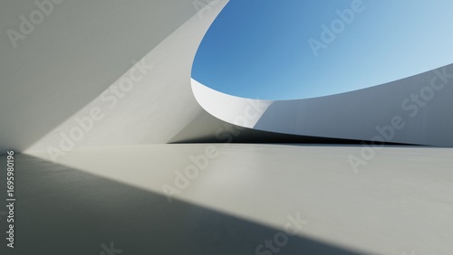 Fototapeta Naklejka Na Ścianę i Meble -  Abstract white curved architecture background, Empty wavy space with reflected concrete floor, Futuristic modern interior backdrop, 3d rendering of twisted building