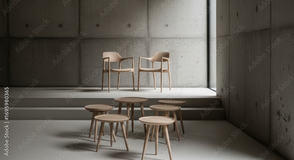 Fototapeta premium Minimalist Wooden Furniture in Modern Concrete Interior