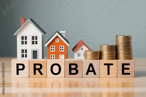 Estate Probate: Miniature Houses and Growing Gold Coin Stacks on Wooden Blocks.