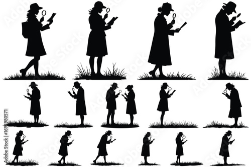 Silhouette detectives examining documents with magnifying glasses