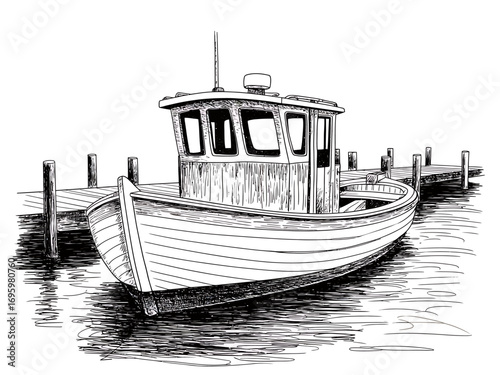 Charming Sketch of Fishing Boat Docked at Pier with Water Reflections and Nautical Theme Illustration