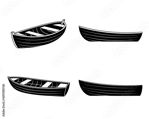 Monochrome Illustration of Four Rowing Boats in Different Perspectives for Nautical Designs and Maritime Projects