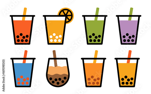 Colorful Boba Tea Collection Bubble Tea Variations and Flavors Asian Inspired Drink Illustrations Isolated on White Background