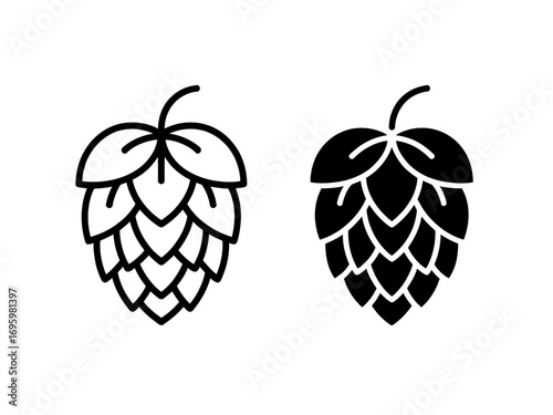 Two Hop Cone Illustrations on White Background with Outline and Solid Fill Style for Beer and Brewing Concepts