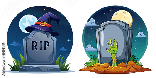 Halloween Tomb Stone Collection Witch hat and Zombie Hand