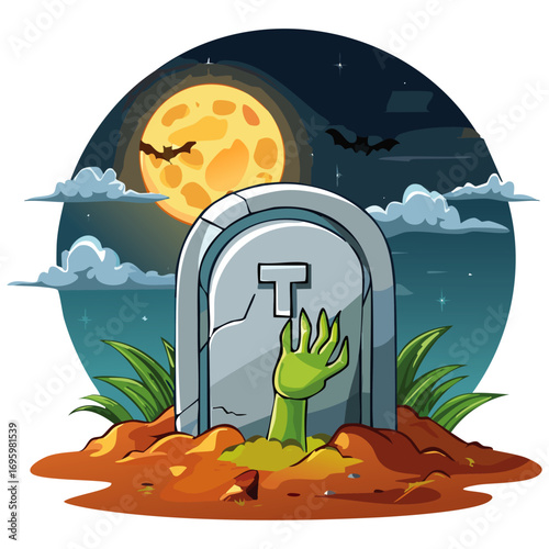 Halloween Zombie Hand in front of Tomb Stone