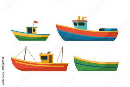 Collection of Colorful Cartoon Fishing Boats for Transportation and Recreational Activities in Flat Vector Style Illustration Isolated on White