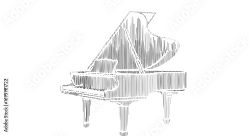A grand piano is strikingly rendered from a cascade of vertical lines, giving its classic silhouette a modern, resonant, and almost digital texture