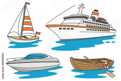 Diverse collection of boats illustration showcasing various watercraft options for travel and recreation on the sea