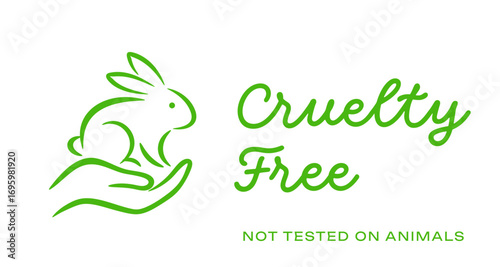 Cruelty free icon of bunny rabbit in hand for not tested on animals label. Vector cruelty free icon for not tested on animals and vegan product certificate stamp