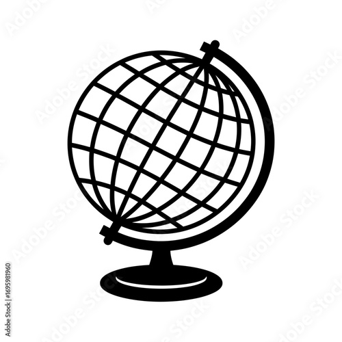 Black and white globe illustration with grid lines and stand representing education and travel around the world