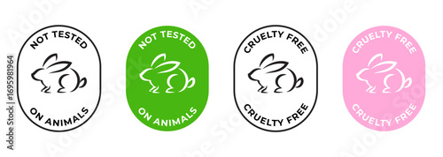 Cruelty free icons, not tested on animal labels for product certificate stamp. Vector icons cruelty free with bunny rabbit for not tested on animals