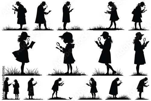 Silhouettes of people examining documents with magnifying glasses