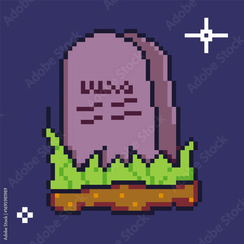 Pixel art grave stone with grass growing around. Spooky Halloween vector illustration for stickers, holiday merchandise, and vintage arcade-themed horror game assets